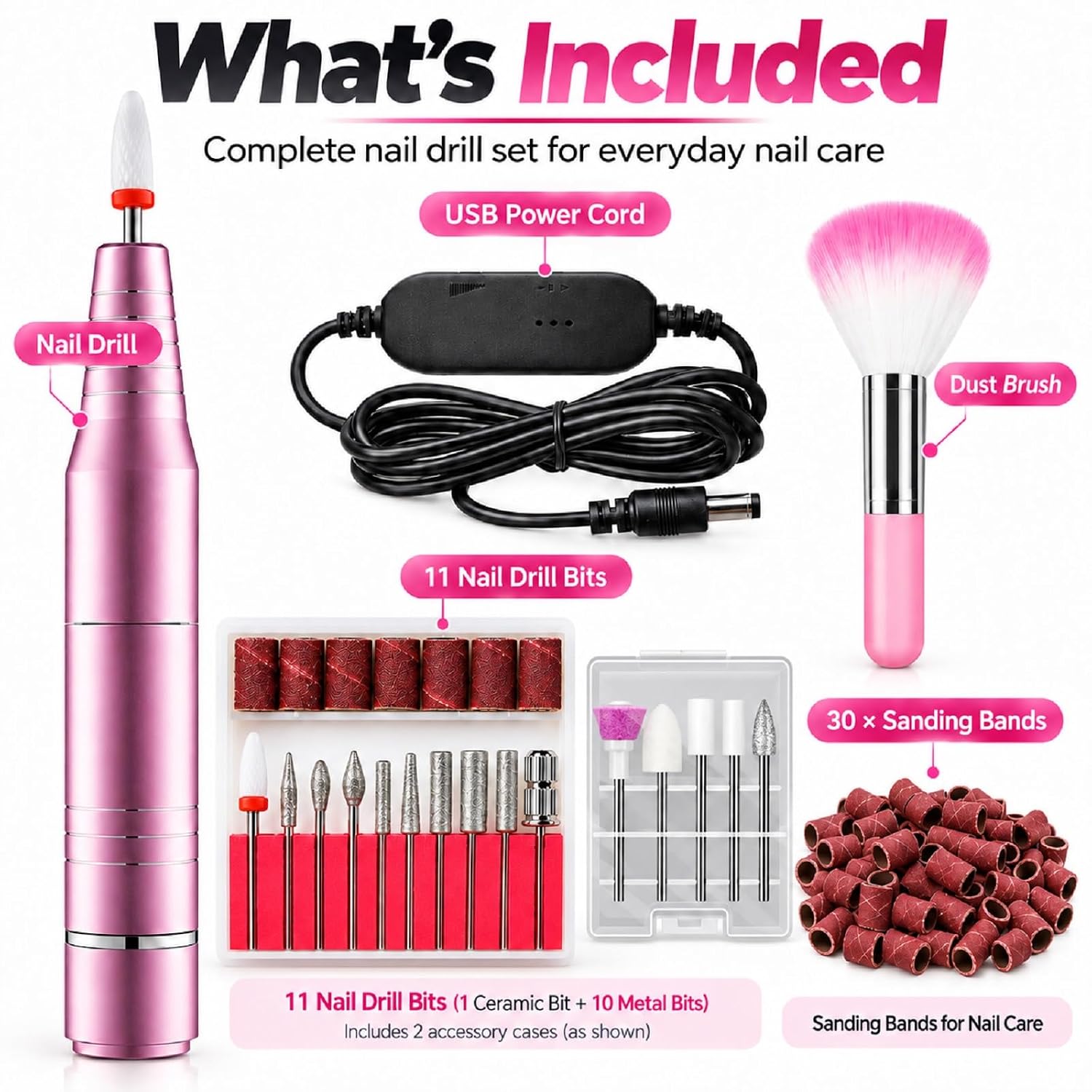pink handheld electric nail drill with multiple drill bits and sanding bands - 2