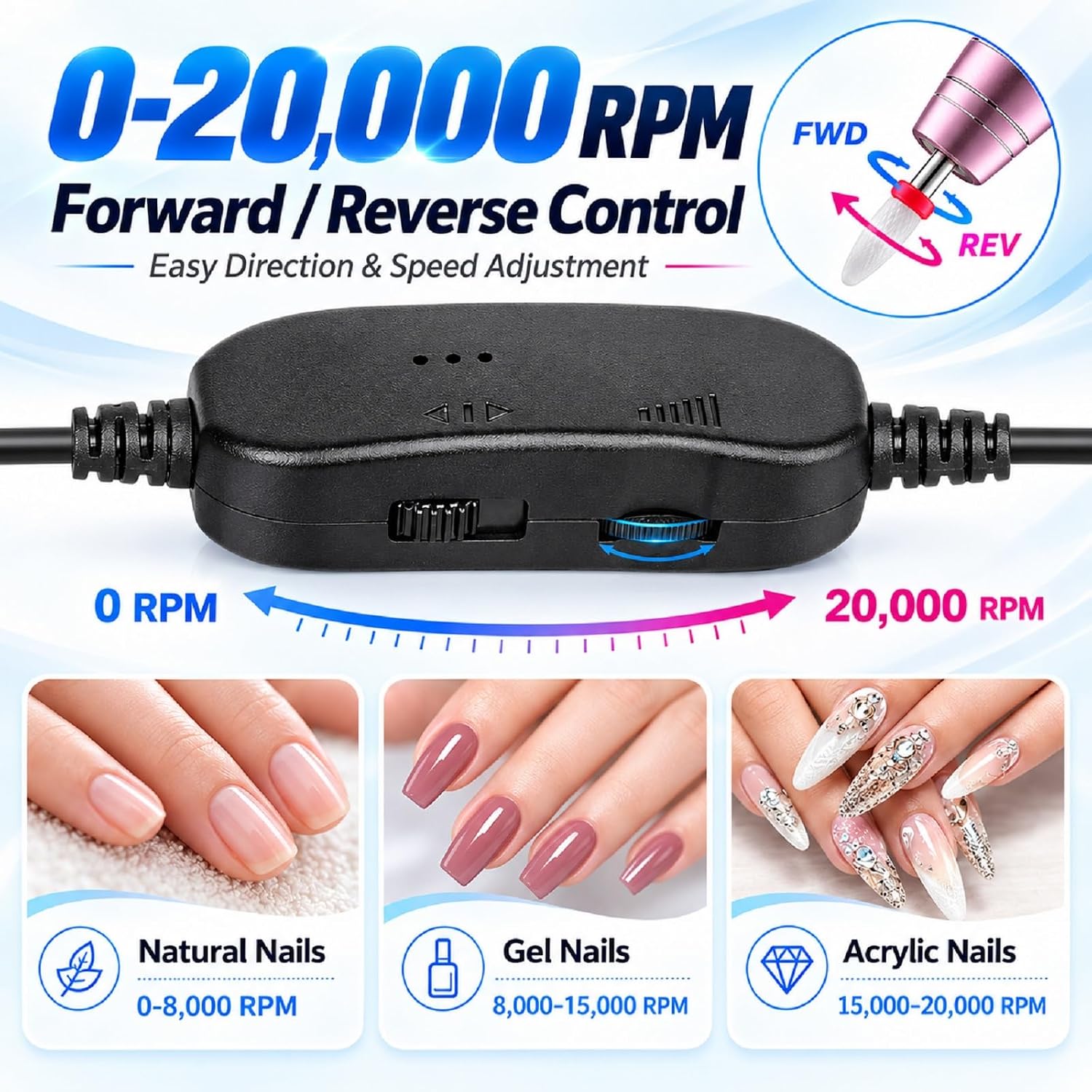 pink handheld electric nail drill with multiple drill bits and sanding bands - 3