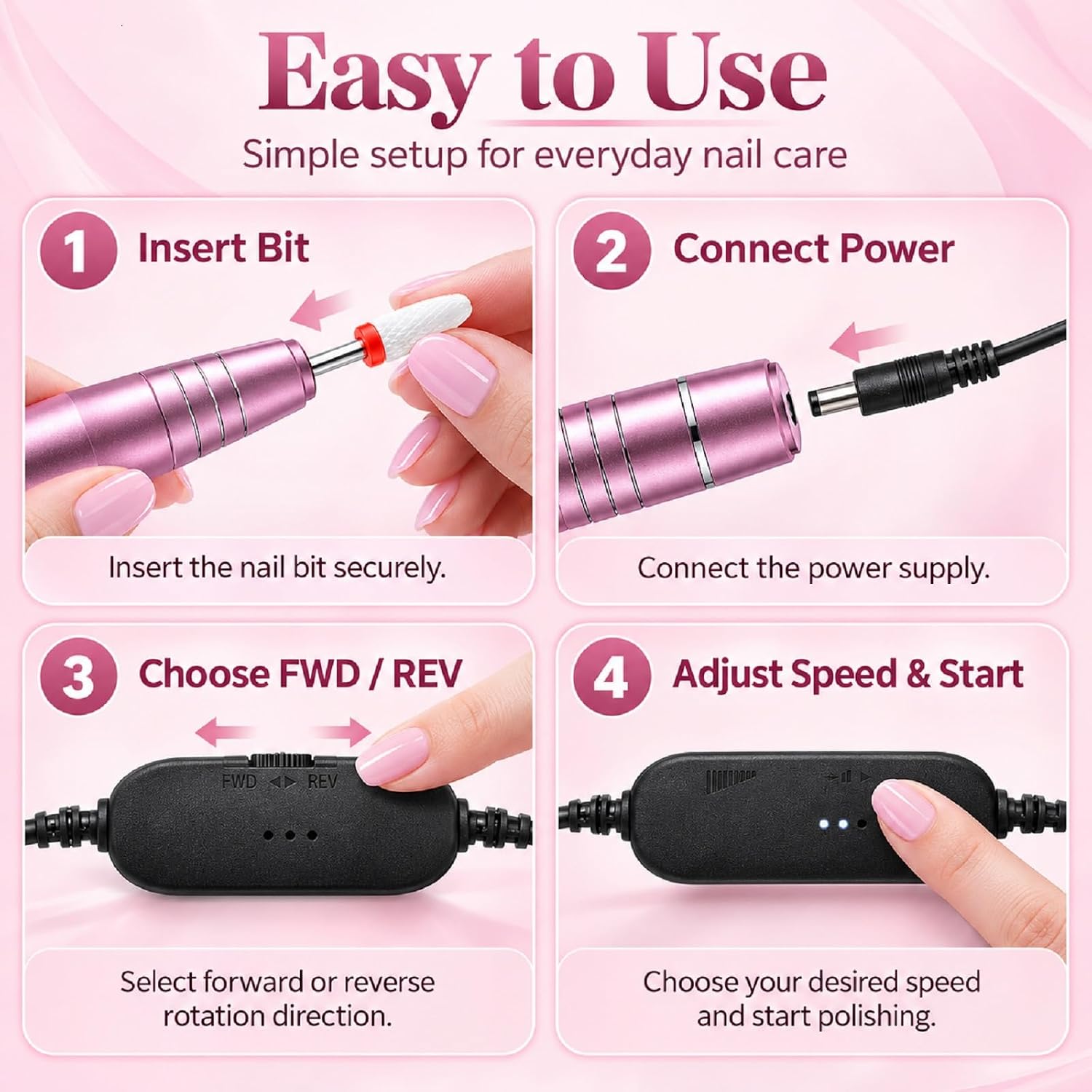 pink handheld electric nail drill with multiple drill bits and sanding bands - 4