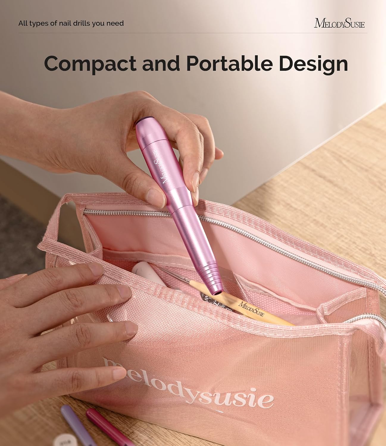 MelodySusie compact pen nail drill handpiece with bits and sanding bands - 3