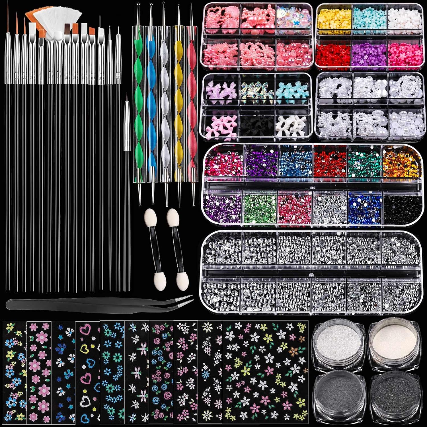 Complete Nail Art Kit: Brushes, Charms & Powders