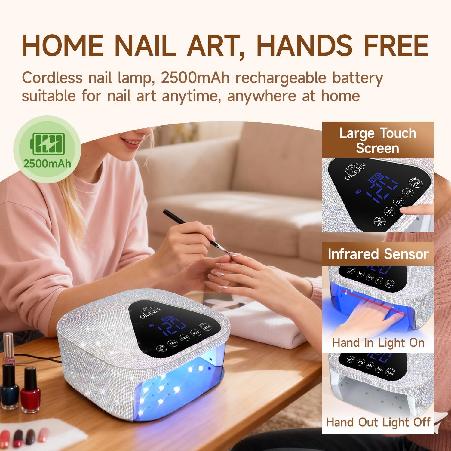Okasiuv cordless UV LED nail lamp with AB diamond finish, magnetic mirror base and UV-blocking gloves - 3