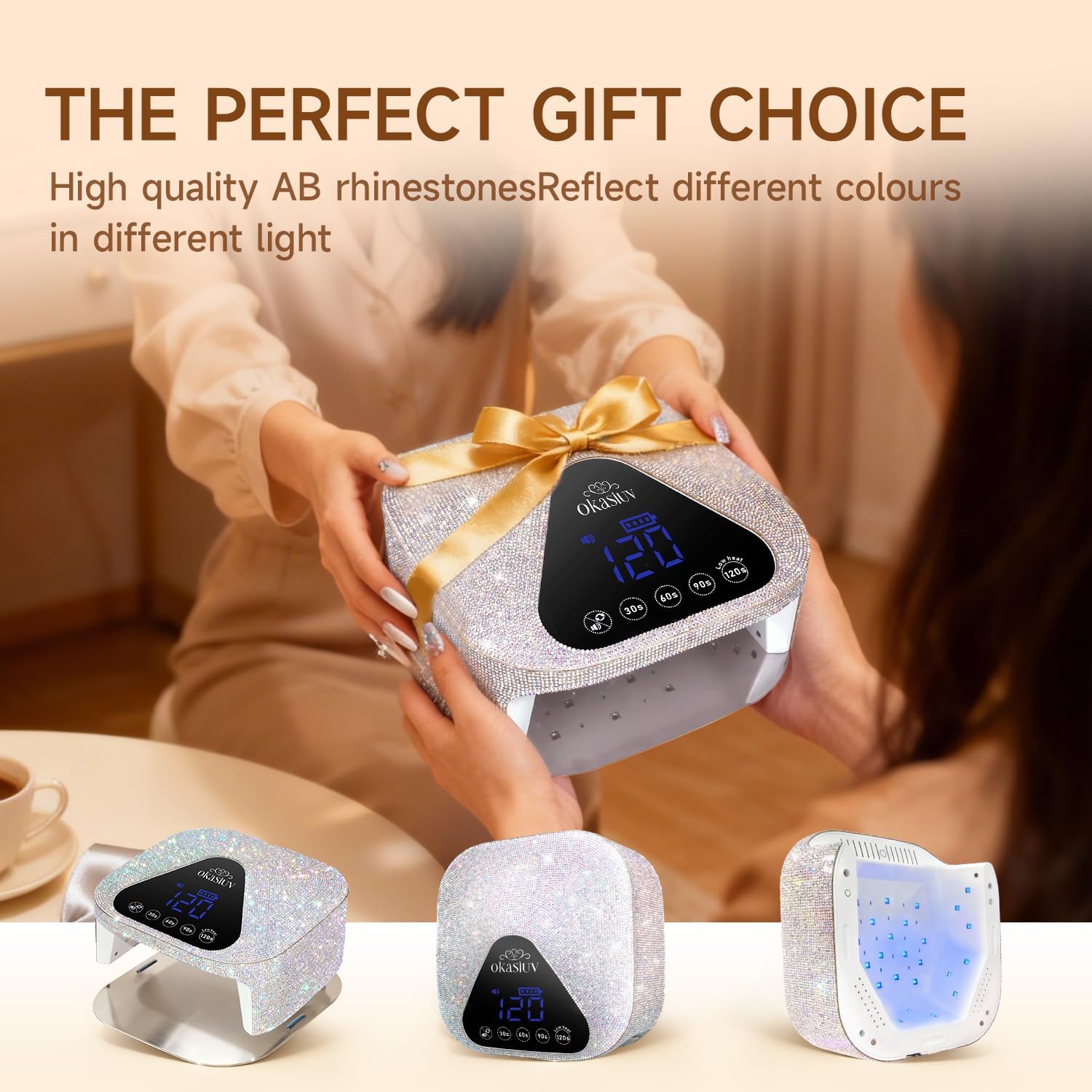 Okasiuv cordless UV LED nail lamp with AB diamond finish, magnetic mirror base and UV-blocking gloves - 4