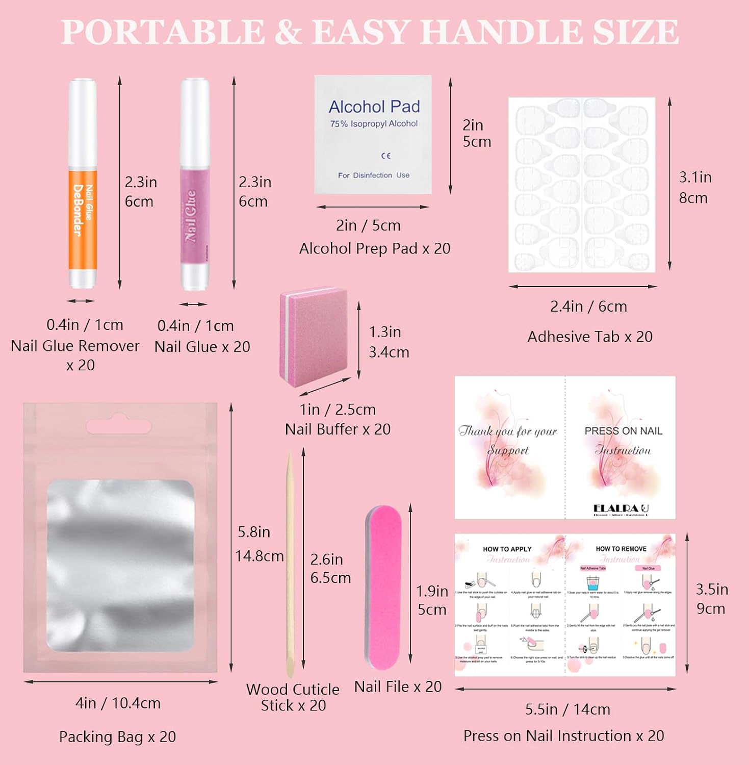 ELALRAU 20-piece press on nail prep kit components in holographic bags - 2