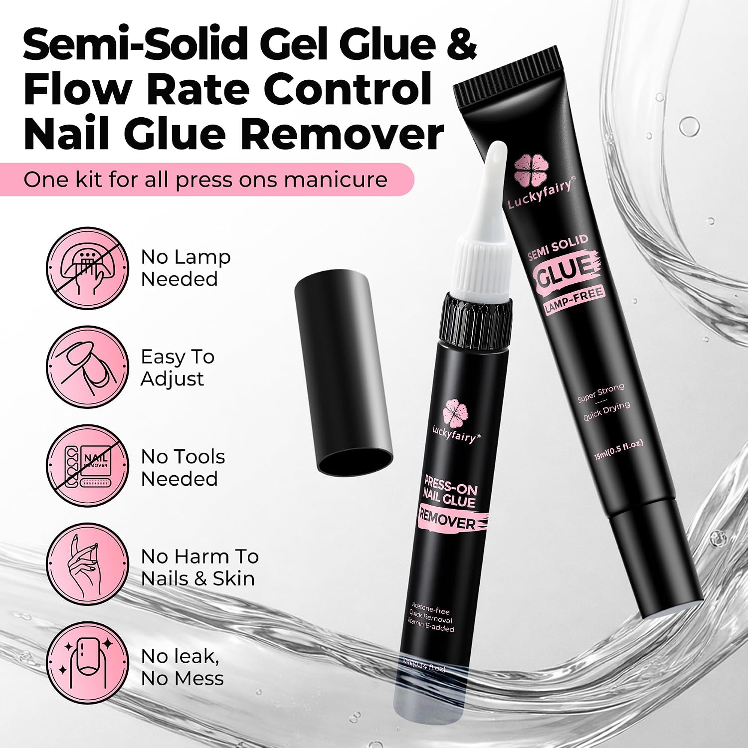 Luckyfairy semi-solid nail glue and non-acetone remover kit showing 15g glue tube and 10ml remover bottle - 2