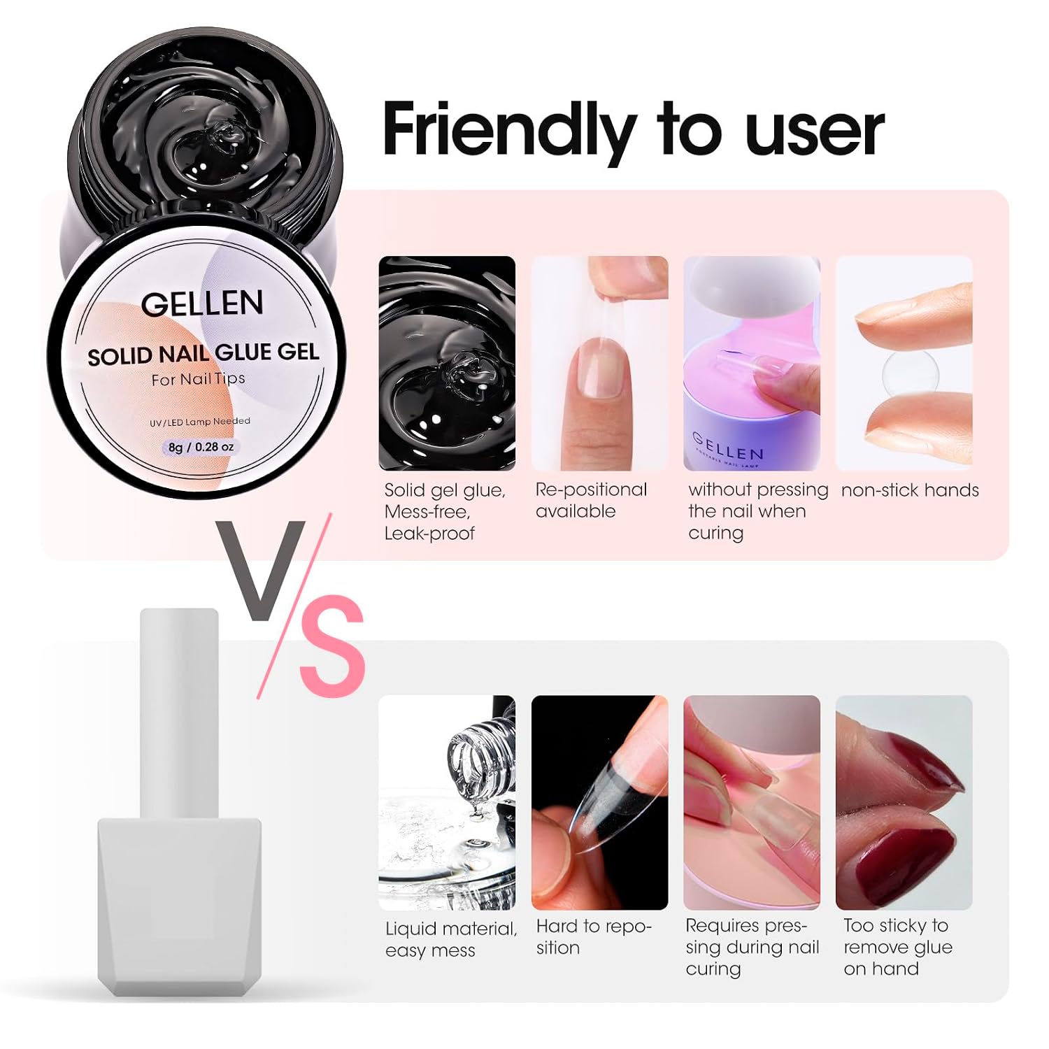 Gellen solid nail glue gel kit with 8g jar and 8W mini UV LED lamp - 2