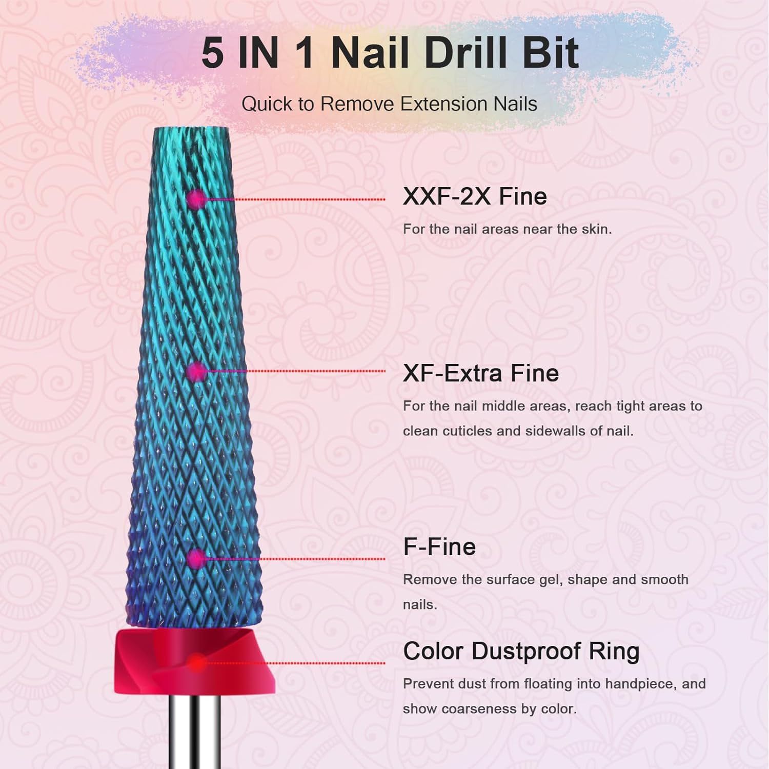 Blue super long 5-in-1 carbide nail drill bit with tapered barrel and dust-proof ring - 4