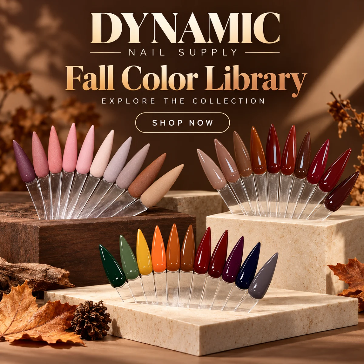 Fall color library nail swatches in berry, rust and forest tones