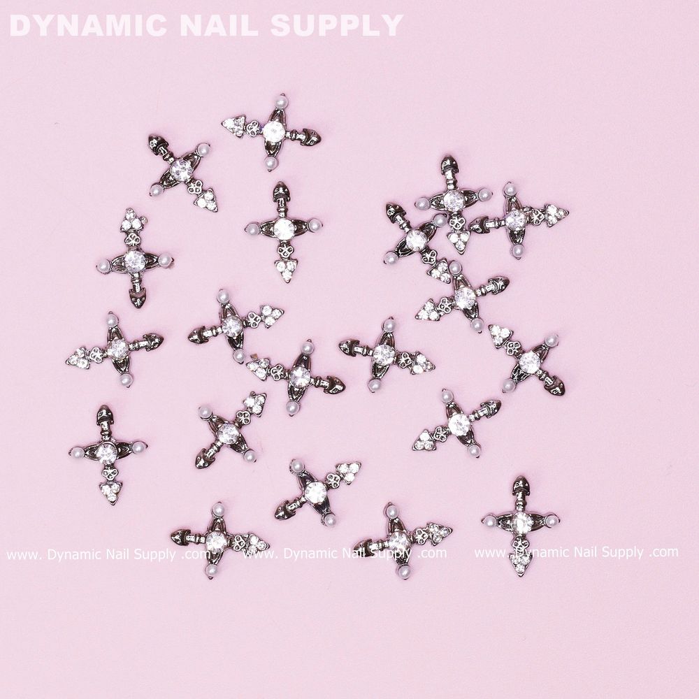 silver cross nail charms with pearls - 3
