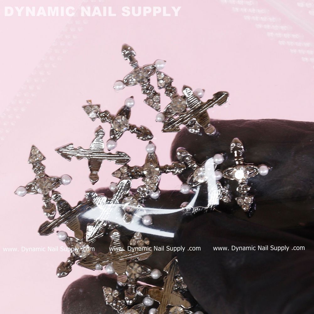 silver cross nail charms with pearls - 4