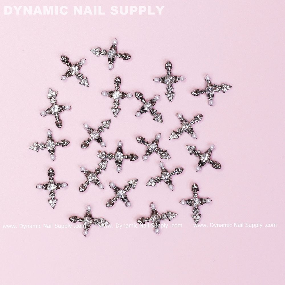 silver cross nail charms with pearls - 7